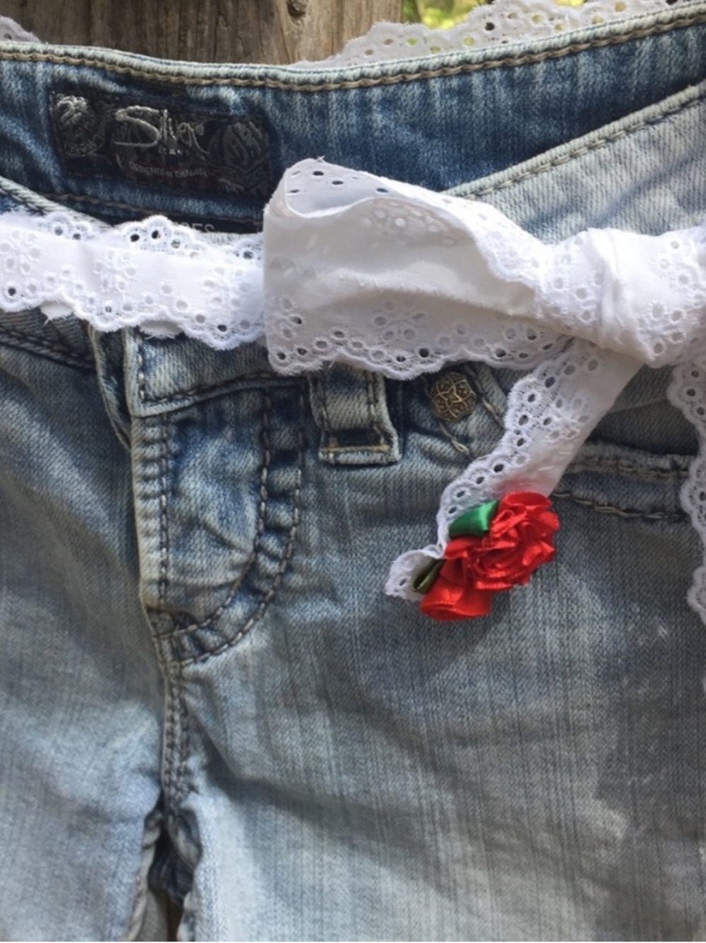 Hand Crafted Light Blue Denim Jean Shorts with White Lace & Red Rose Accents - Picture 7 of 11